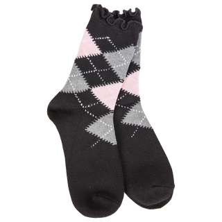 Women's black argyle crew socks with gray and blush pink diamonds, lightweight fabric, and a delicate ruffled cuff.