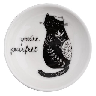Ceramic black and white cat ring dish featuring floral artwork and the sentiment "You're Purrfect" for holding rings and small jewelry.