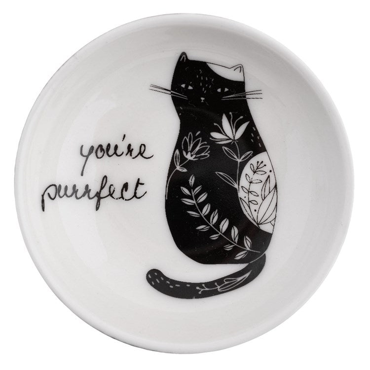 Ceramic black and white cat ring dish featuring floral artwork and the sentiment "You're Purrfect" for holding rings and small jewelry.