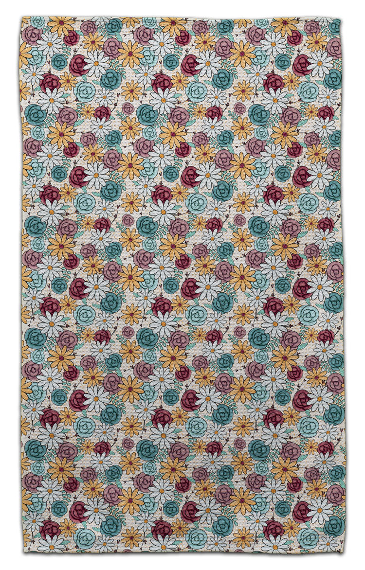 Boho floral eco-friendly waffle weave kitchen towel with colorful daisies and vintage roses