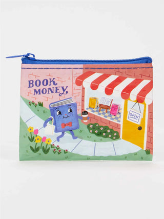 Book Money recycled coin purse featuring a smiling book walking into a bookstore with a coffee, made from 95% post-consumer recycled material.