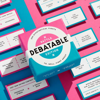Debatable game box with cards on a colorful background