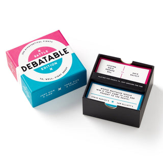 Debatable card game packaging with cards displayed on a white background