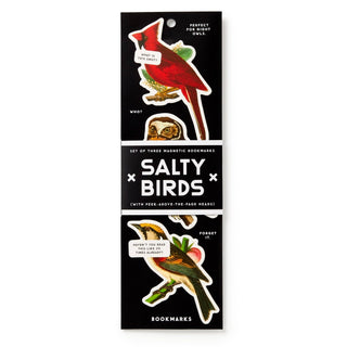 Set of three Brass Monkey Salty Birds magnetic bookmarks featuring vintage bird illustrations with humorous sayings for book lovers.