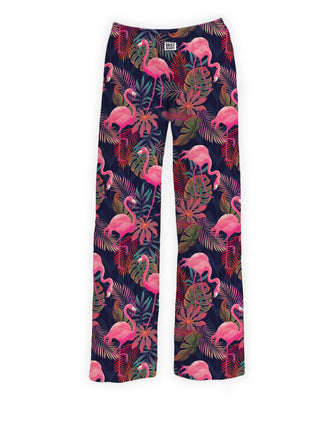 Brief Insanity unisex lounge pants featuring bright pink flamingos and tropical leaves on a navy background.