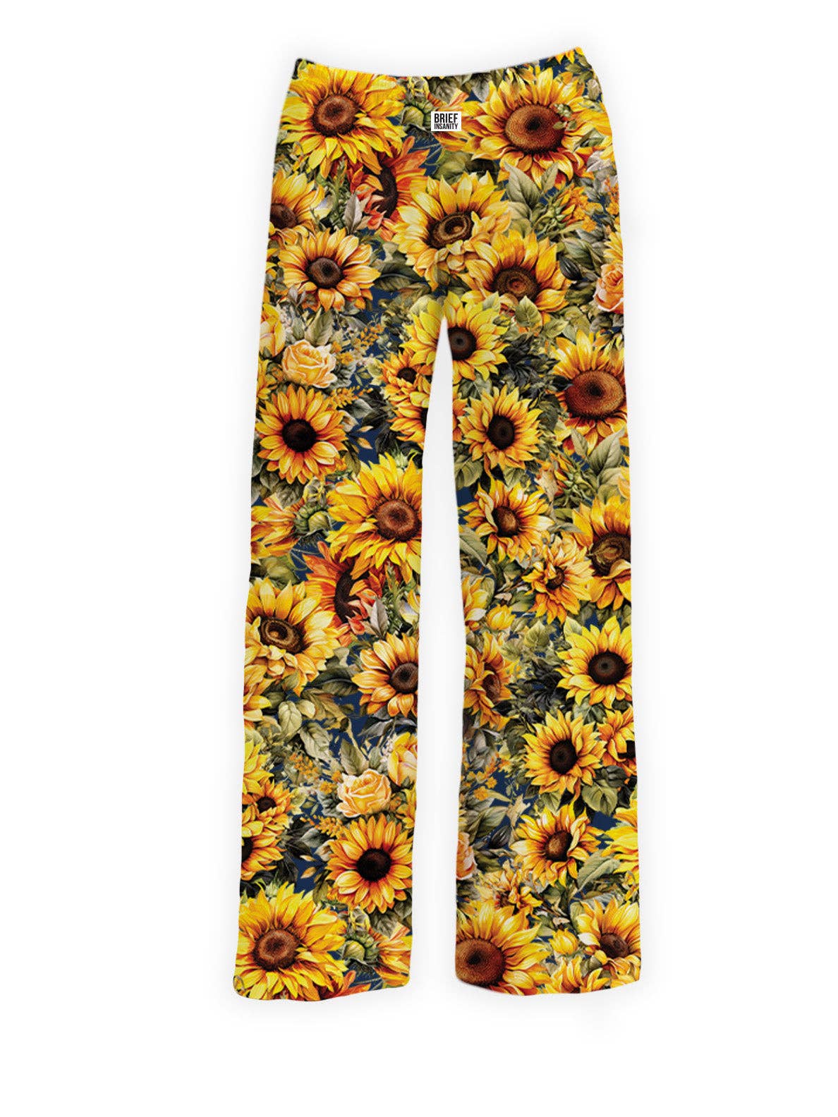 Sunflower Pajama Lounge Pants by BRIEF INSANITY — vivid sunflower-print unisex lounge pants in a durable polyester with synthetic silk finish, available in Small, Medium, and Large
