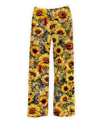 Sunflower Pajama Lounge Pants by BRIEF INSANITY — vivid sunflower-print unisex lounge pants in a durable polyester with synthetic silk finish, available in Small, Medium, and Large

