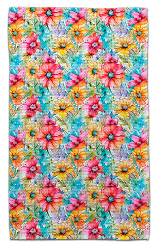 Colorful watercolor floral eco-friendly waffle weave kitchen towel with bright pink yellow and purple flowers by CJ Bella