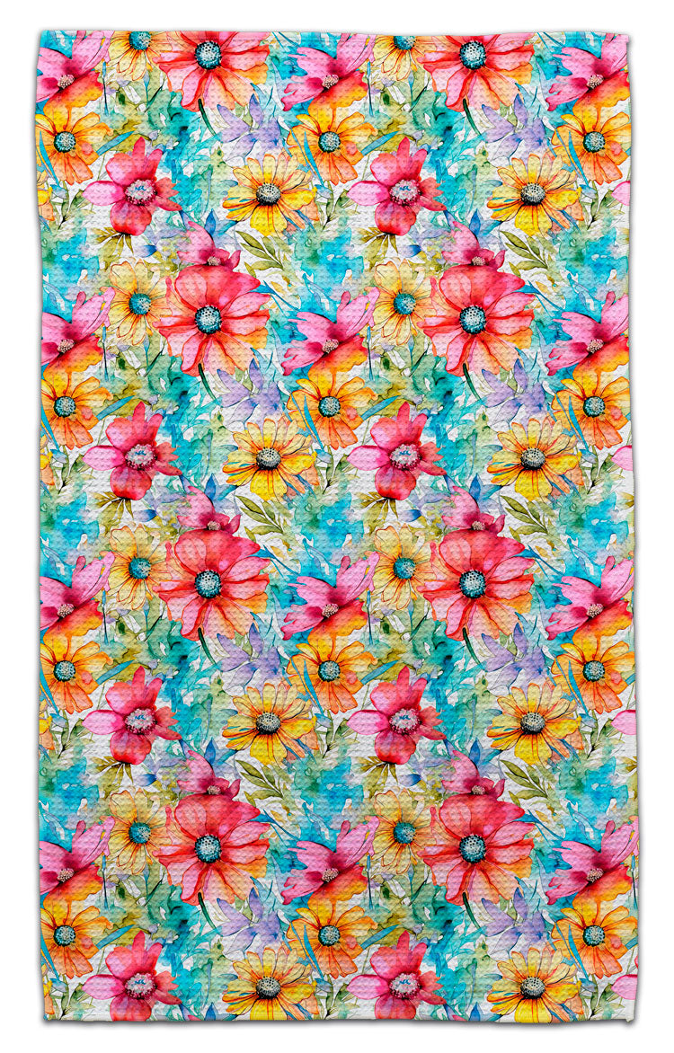 Colorful watercolor floral eco-friendly waffle weave kitchen towel with bright pink yellow and purple flowers by CJ Bella