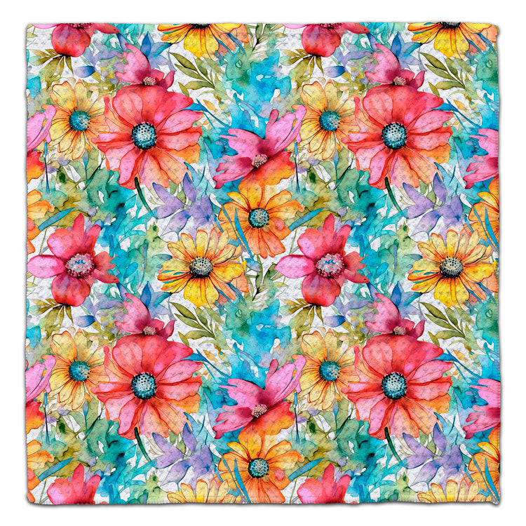 Colorful watercolor floral eco-friendly waffle weave washcloth with bright pink yellow and purple flowers by CJ Bella