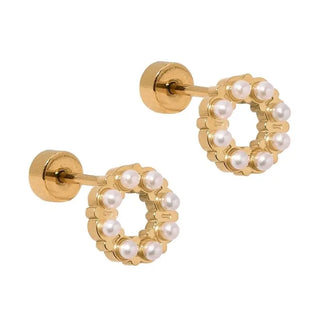 Brinley Pearl Circle Screwback Stud Earrings featuring an open circle of petite white pearls in a gold waterproof flat-back stainless steel setting.