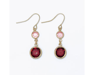 Burgundy and light pink faceted crystal drop earrings with gold-tone settings and fishhook ear wires.