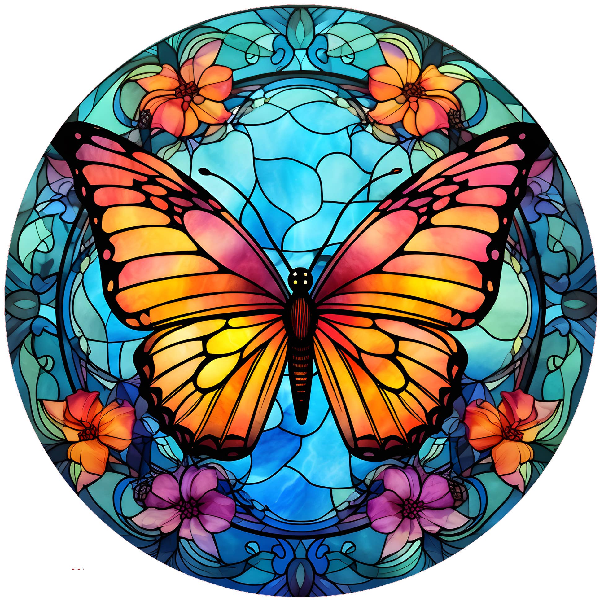 Butterfly Stained Glass Silicone Jar Opener by Andréas — round flexible silicone disc featuring a Tiffany-style stained glass design of a large monarch-style butterfly with vivid orange, pink, and golden yellow wings set against a luminous aqua blue background with intricate scrollwork and clusters of orange, red, and purple flowers