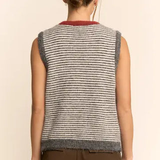 Button-Front Crew Neck Striped Sweater Vest