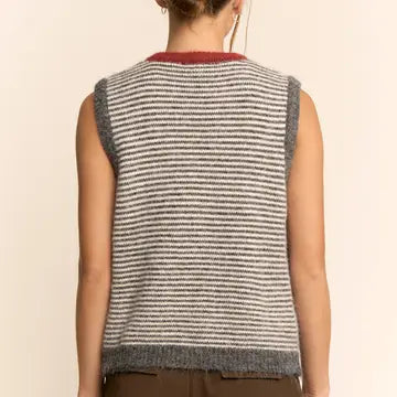Button-Front Crew Neck Striped Sweater Vest