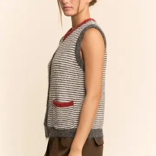 Button-Front Crew Neck Striped Sweater Vest
