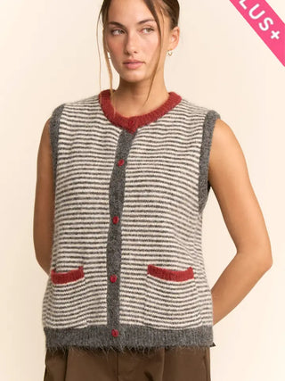 Button-Front Crew Neck Striped Sweater Vest
