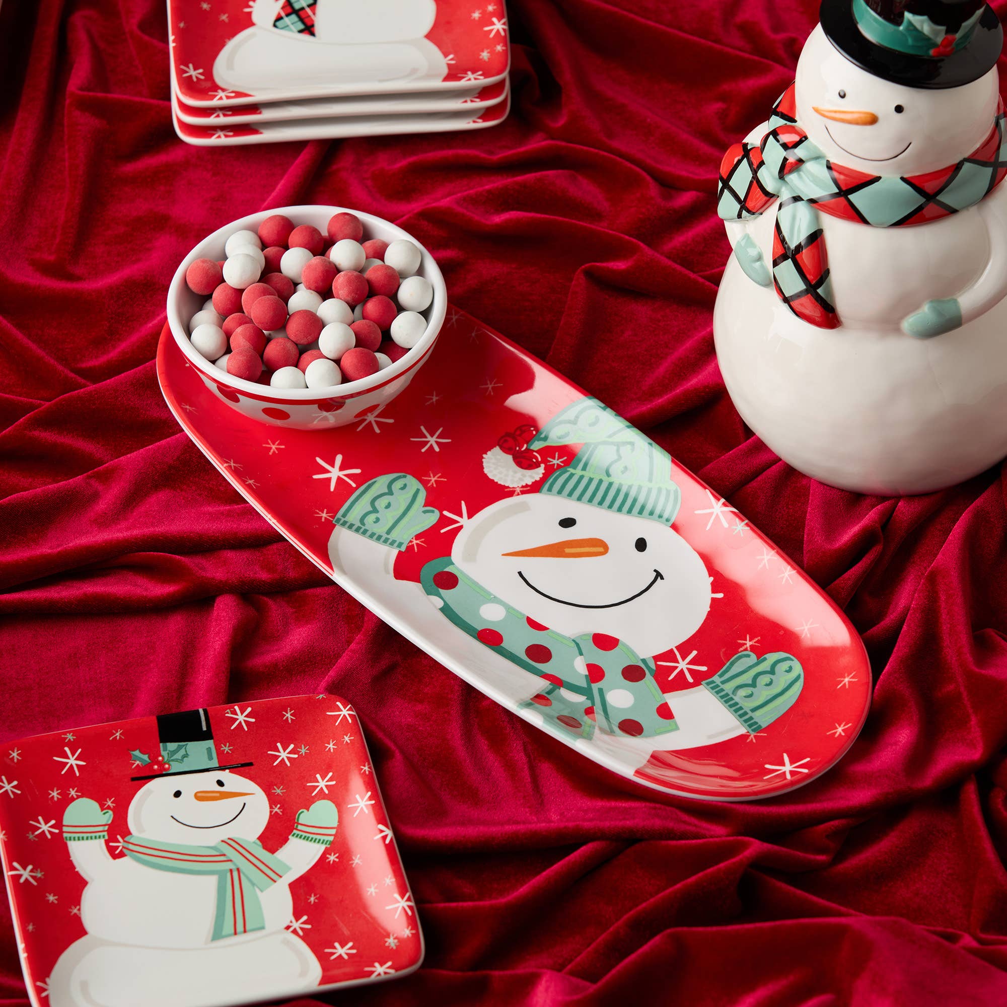 Christmas Whimsy Snowman Melamine Tray and Bowl Gift