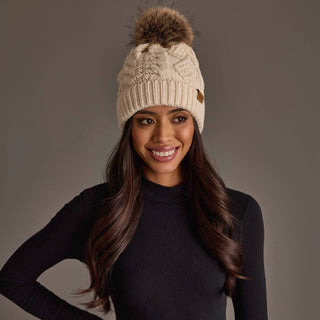 Beige Cable Knit Faux Fur Pom Hat