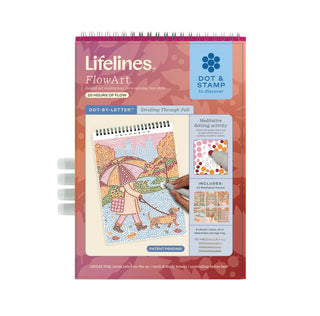 Lifelines FlowArt Dot & Stamp in Discovery pack, featuring a spiral-bound activity book with a colorful illustration of a woman and dog under an umbrella, shown on a white background with three white tabs protruding from the left.