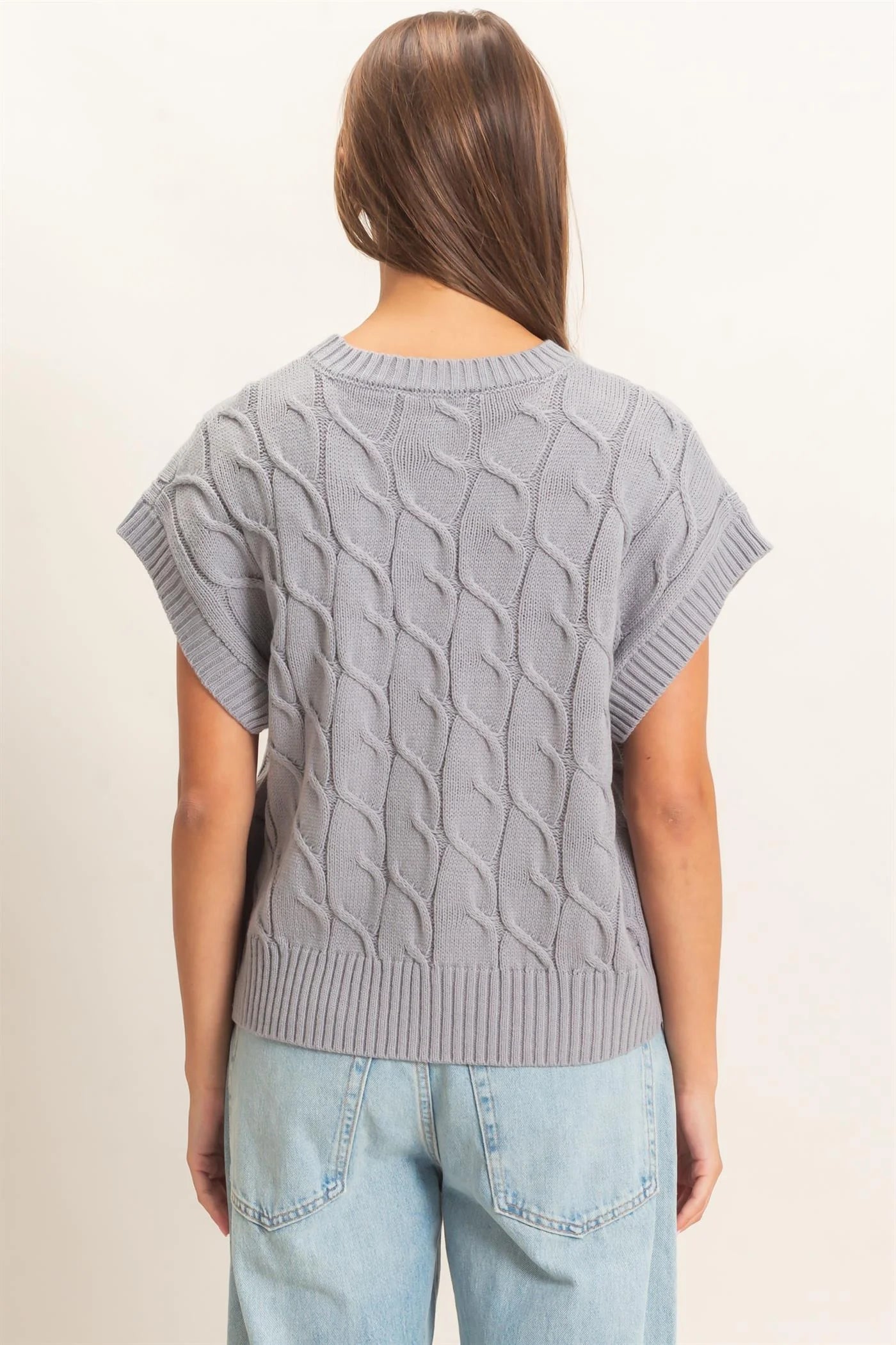 Cable Knit Cap Sleeve Sweater | Women's Crew Neck Knit Top