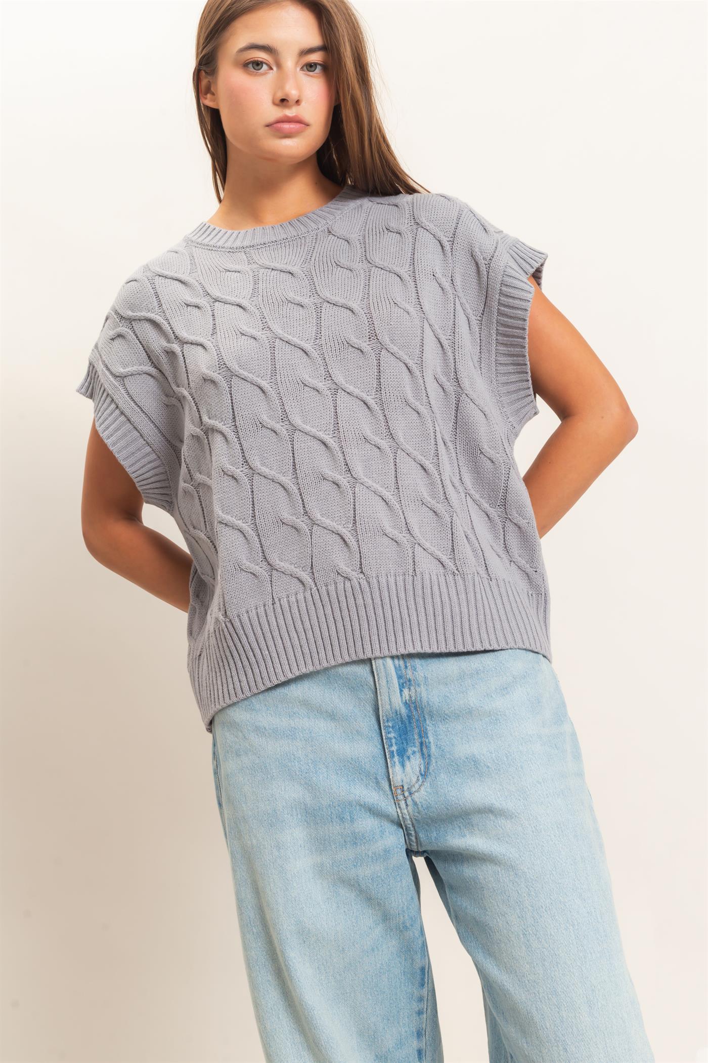 Cable Knit Cap Sleeve Sweater | Women's Crew Neck Knit Top