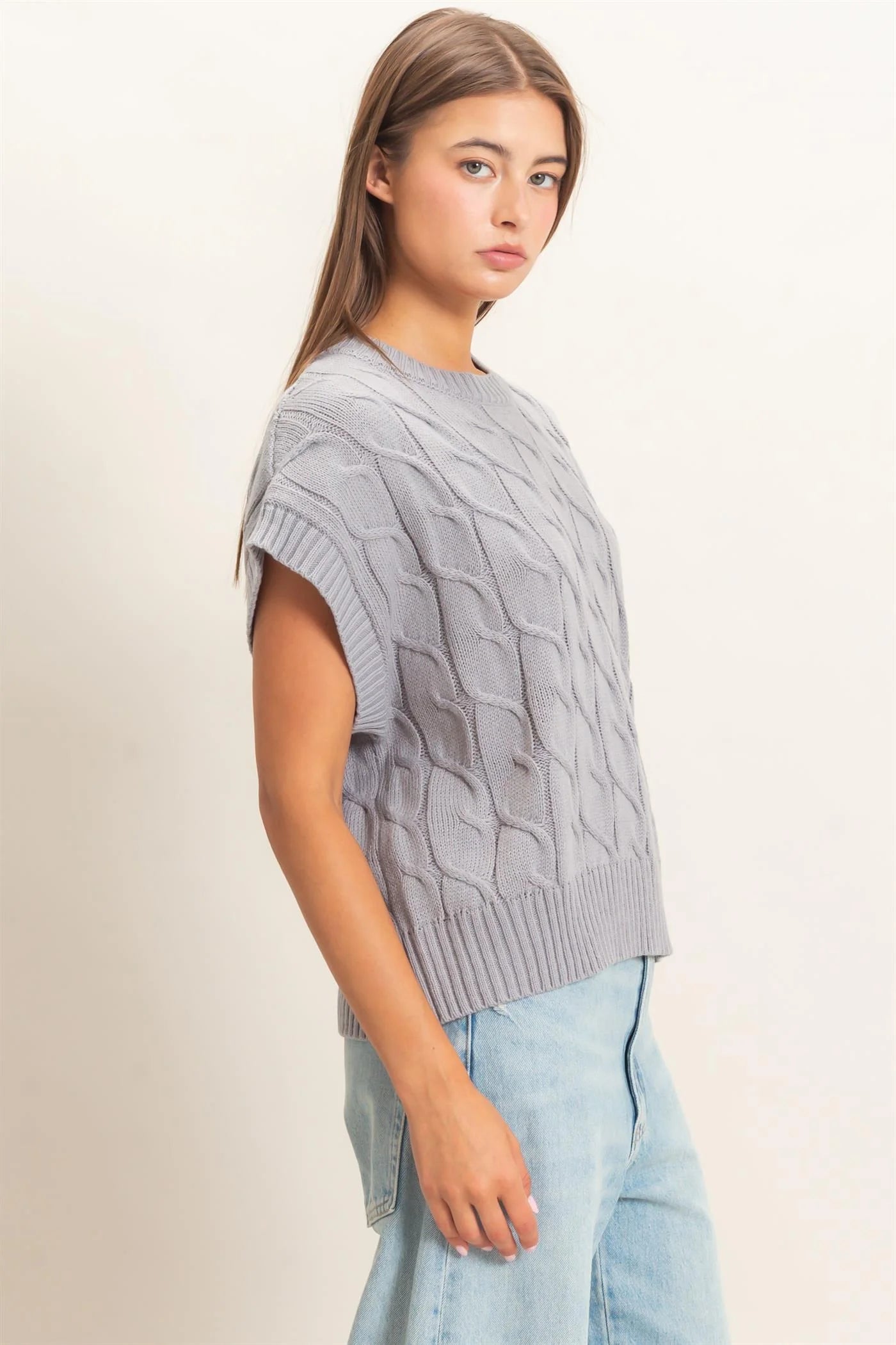 Cable Knit Cap Sleeve Sweater | Women's Crew Neck Knit Top