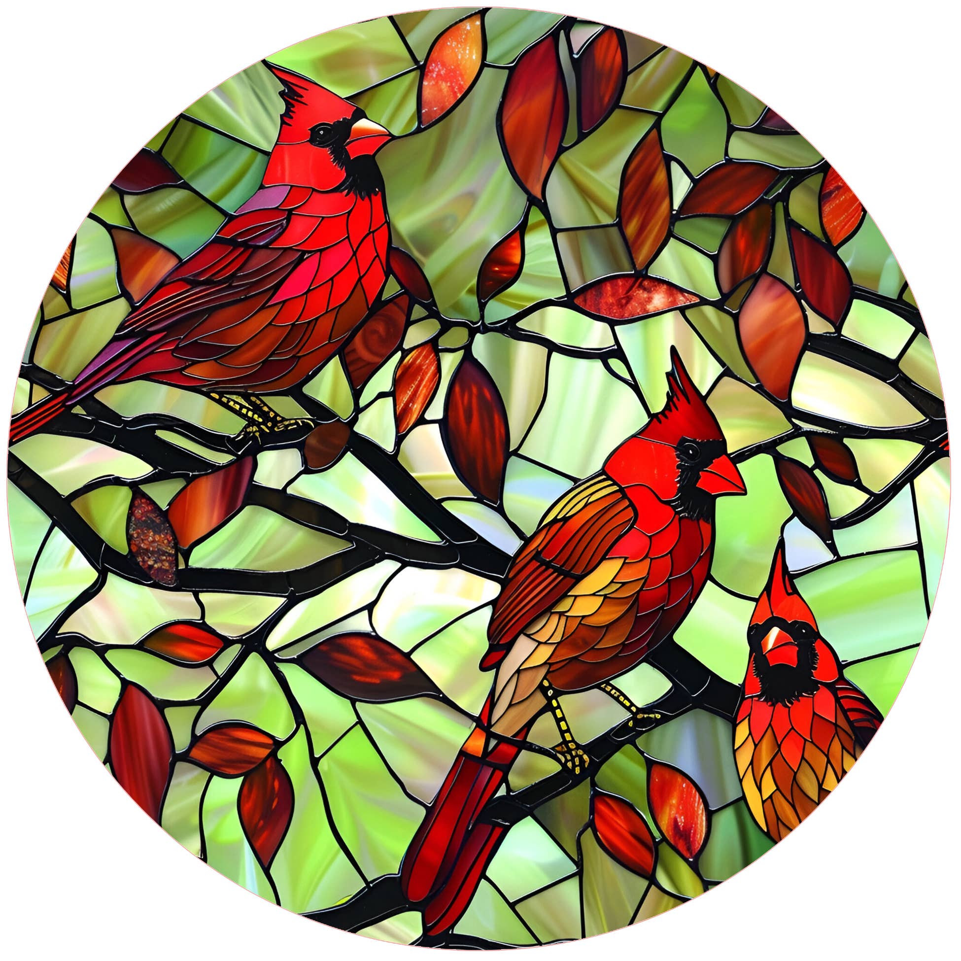 Cardinal Green Stained-Glass Silicone Jar Opener by Andréas — round flexible silicone disc featuring a Tiffany-style stained glass design of three vivid red cardinals perched on dark branches among deep red and burgundy leaves on a luminous green glass background