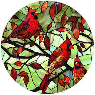 Cardinal Green Stained-Glass Silicone Jar Opener by Andréas — round flexible silicone disc featuring a Tiffany-style stained glass design of three vivid red cardinals perched on dark branches among deep red and burgundy leaves on a luminous green glass background