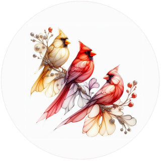 Cardinal Trio Silicone Jar Opener by Andréas — round flexible silicone disc featuring a watercolor illustration of three cardinals: a golden-tan female and two vivid red males perched on glittery silver winter branches with red berries