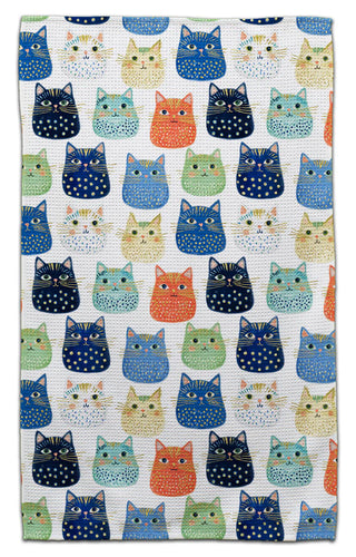 Colorful cat faces eco-friendly waffle weave kitchen towel featuring playful watercolor cat illustrations