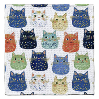 Colorful cat faces eco-friendly waffle weave washcloth featuring playful watercolor cat illustrations