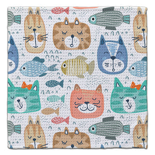 Cat and fish eco-friendly waffle weave washcloth with whimsical cat pattern by CJ Bella