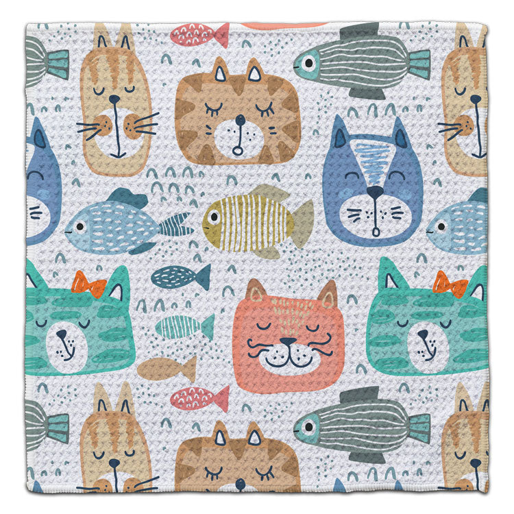 Cat and fish eco-friendly waffle weave washcloth with whimsical cat pattern by CJ Bella