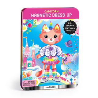 Mudpuppy Cat-icorn Magnetic Dress-Up Play Set in a colorful travel tin featuring over 45 magnetic outfit pieces and whimsical woodland scenes for imaginative play.