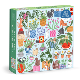 Cats in the Houseplants 500-piece jigsaw puzzle by Galison featuring colorful illustrations of playful cats among indoor plants.