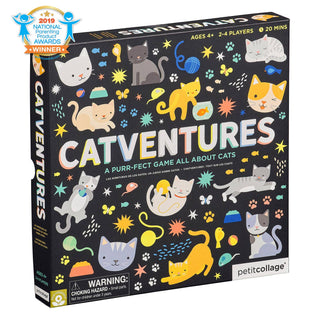 Catventures family board game by Petit Collage featuring colorful cat illustrations, wooden cat game pieces, and fun cat-themed gameplay for ages 4 and up.