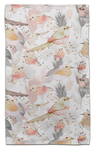 Chickadee eco-friendly waffle weave kitchen towel with watercolor bird design by CJ Bella