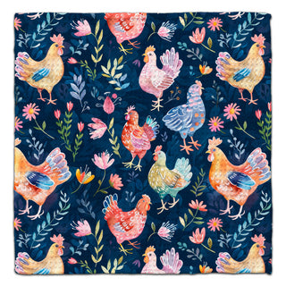 Eco-friendly waffle weave washcloth featuring colorful watercolor chickens and wildflowers on a navy blue background.