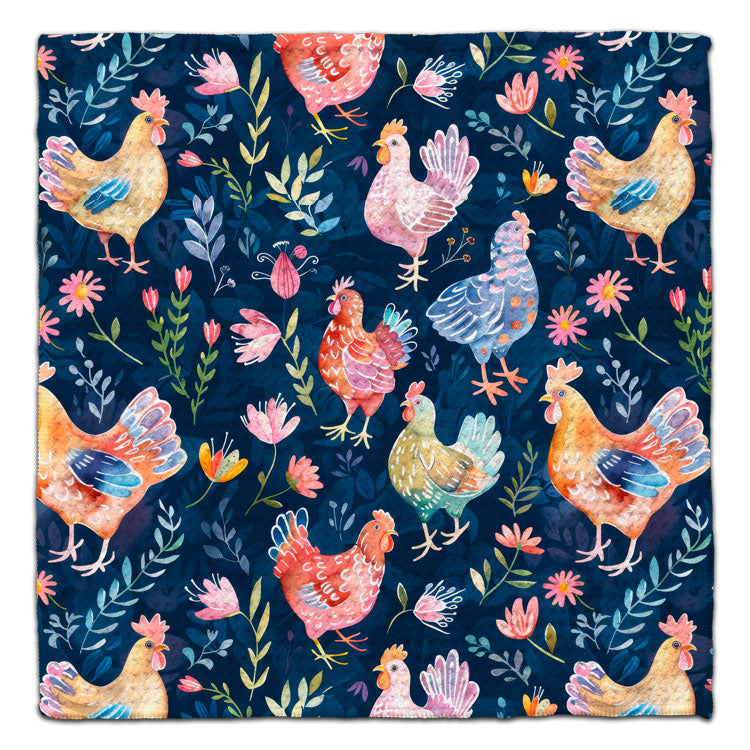 Eco-friendly waffle weave washcloth featuring colorful watercolor chickens and wildflowers on a navy blue background.