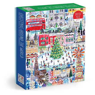 Michael Storrings Christmas Around the World 1500-piece puzzle — a vibrant festive collage of holiday scenes from New York, Prague, Paris, Rome, and more, 23.75x32 inches

