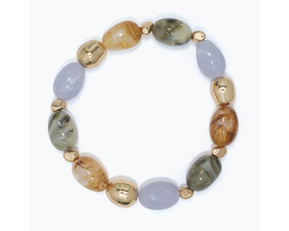Chunky marbled bead stretch bracelet with amber, sage green, and lavender-gray oval beads alternating with polished gold nuggets by Periwinkle — a bold fall jewelry statement piece
