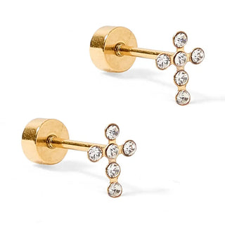 Clara Gold Sparkle Cross Screwback Stud Earrings featuring cubic zirconia stones in a delicate 7mm cross design made from hypoallergenic surgical stainless steel.