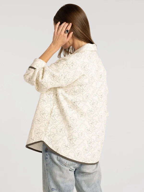 Claremont Jacket in ivory floral — drop shoulder cotton jacket with contrast piping, back view