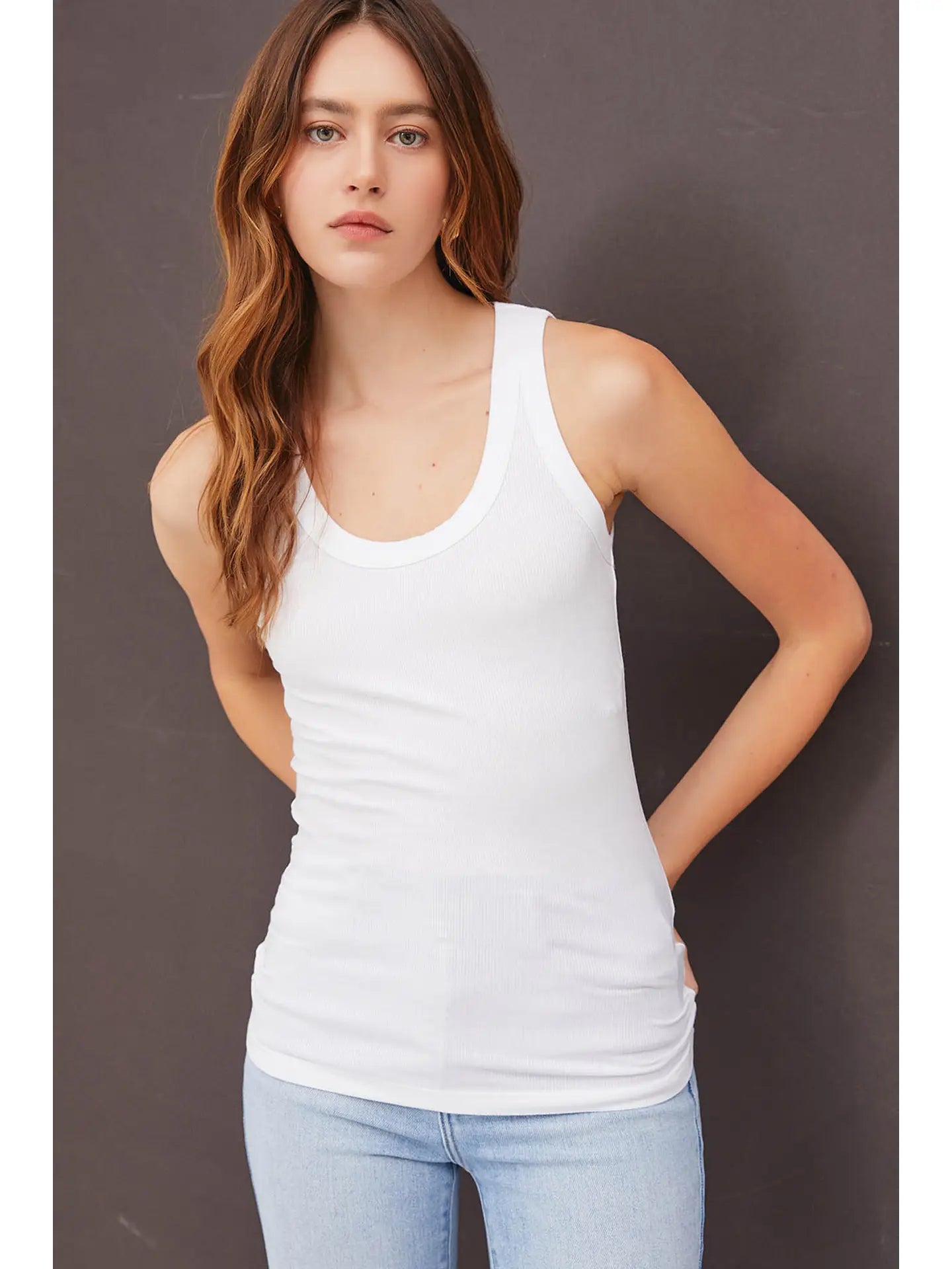 women wearing classic ribbed scoop neck tank top in white