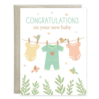 Clothesline & Birds New Baby Greeting Card by Gina B Designs — a charming A2 new baby congratulations card with original clothesline and birds artwork, includes envelope, made in the USA
