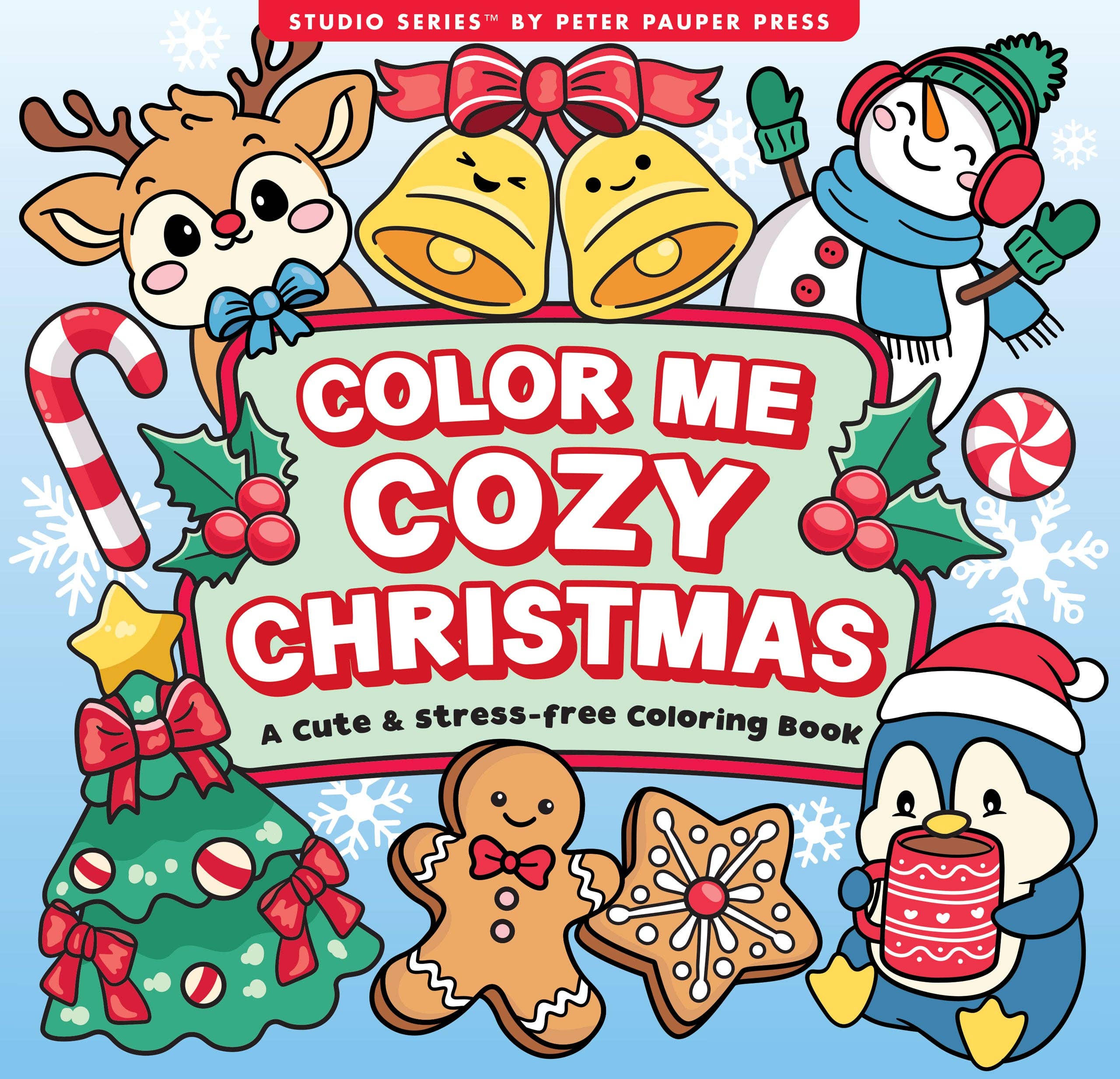 Color Me Cozy Christmas Adult Coloring Book by Peter Pauper Press Studio Series — light blue cover featuring kawaii-style Rudolph, jingle bells, snowman, penguin with hot cocoa, gingerbread cookies, and Christmas tree with "A Cute & Stress-Free Coloring Book" subtitle