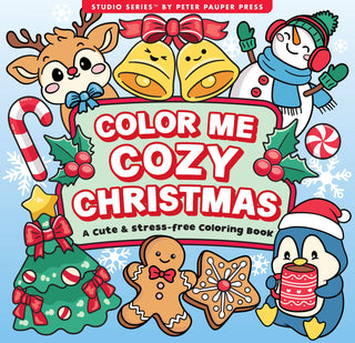 Color Me Cozy Christmas Adult Coloring Book by Peter Pauper Press Studio Series — light blue cover featuring kawaii-style Rudolph, jingle bells, snowman, penguin with hot cocoa, gingerbread cookies, and Christmas tree with "A Cute & Stress-Free Coloring Book" subtitle