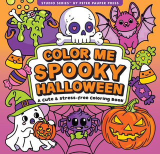 Color Me Spooky Halloween Adult Coloring Book by Peter Pauper Press Studio Series — orange and purple cover featuring kawaii ghost, bat, spider, jack-o'-lantern, skull, candy corn, and witch ghost with "A Cute & Stress-Free Coloring Book" subtitle