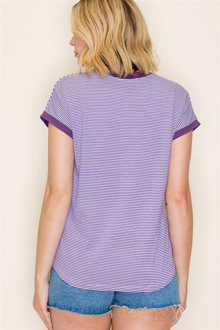 woman wearing purple color trimmed pinstripe top with contrast neckline and sleeves
